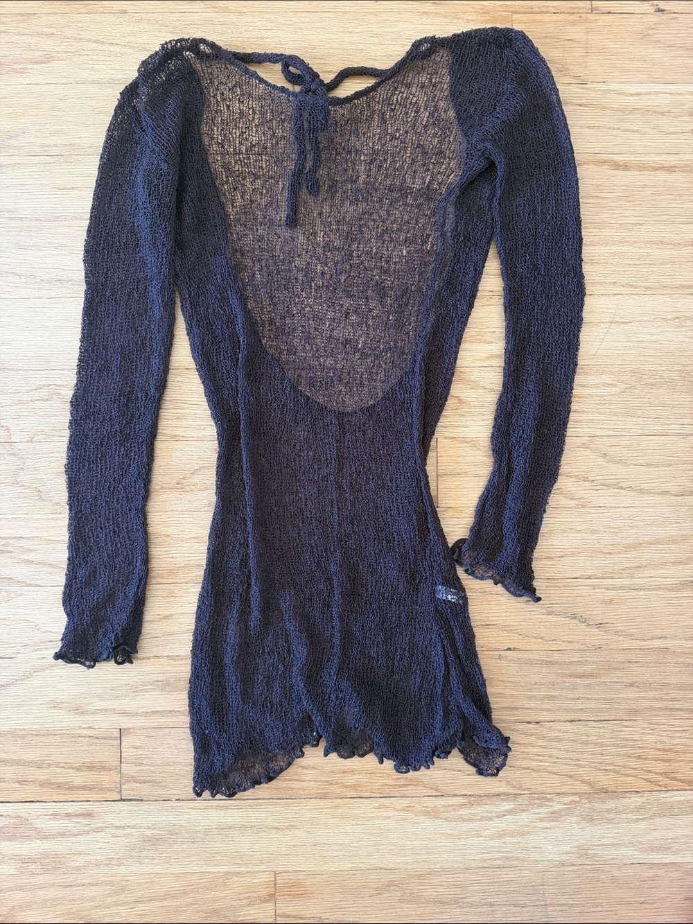 Sheer Long Sleeve Knit Coverup Dress in Chocolate Brown